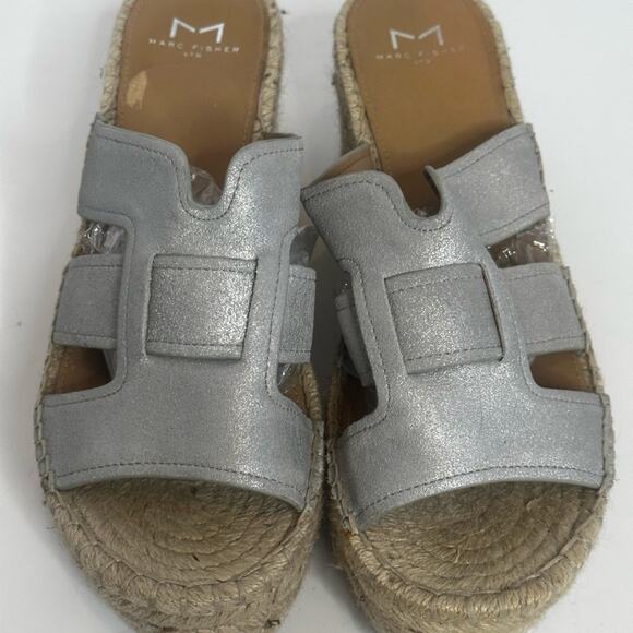 Mark Fisher Silver Open Espadrille Style 3” Raffia Wedge Size 8.5 M - Picture 1 of 11